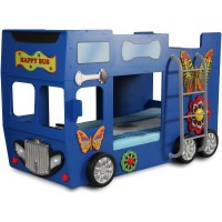 Pat cu etaj Masina Happy Bus - Pat din lemn MDF in forma de autobuz London Bus Plastiko-Albastru